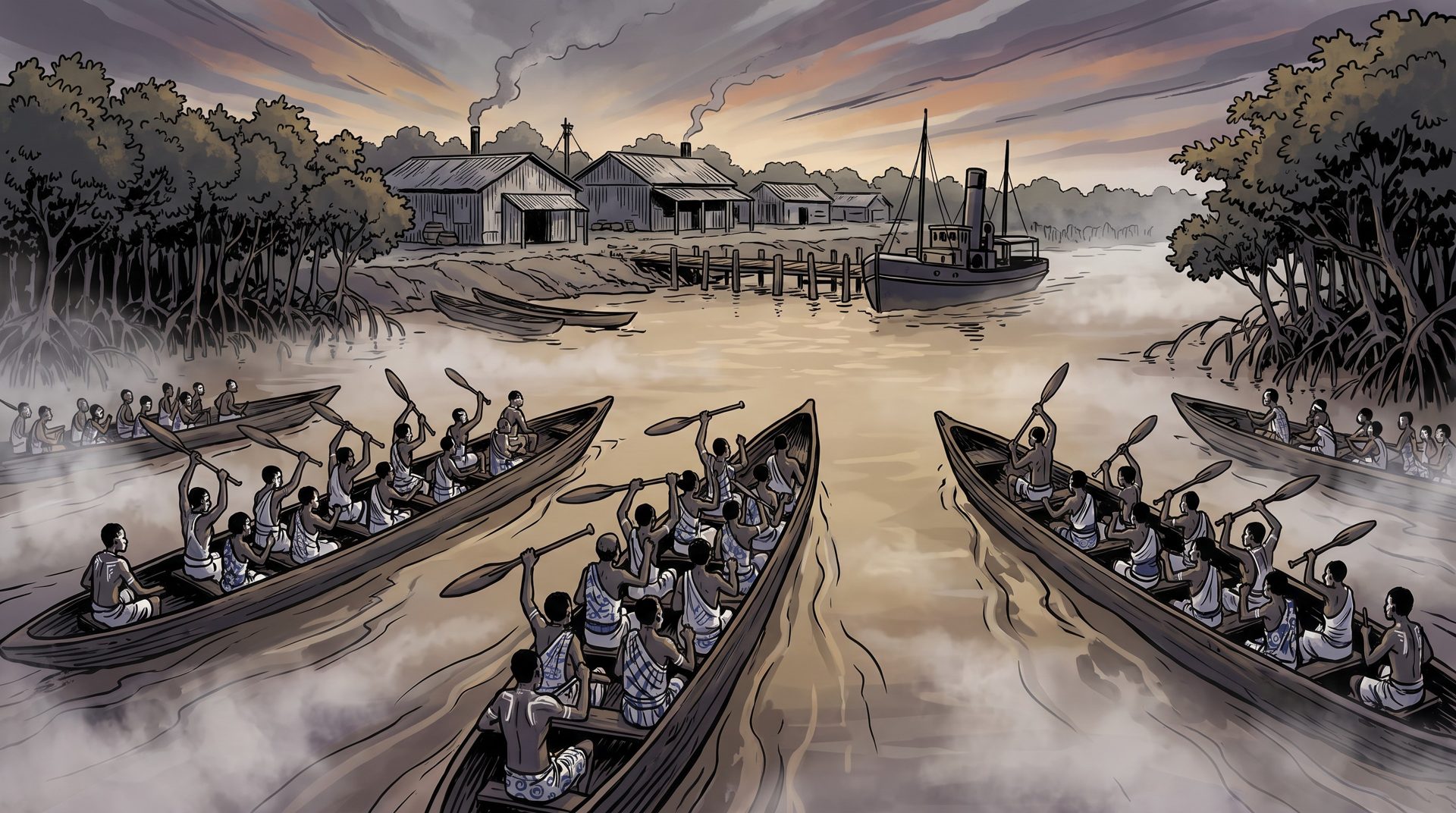 Illustration of a fleet of Ijaw war canoes crowded with paddlers moving through dawn mist toward a colonial trading station with corrugated warehouses and a steam launch