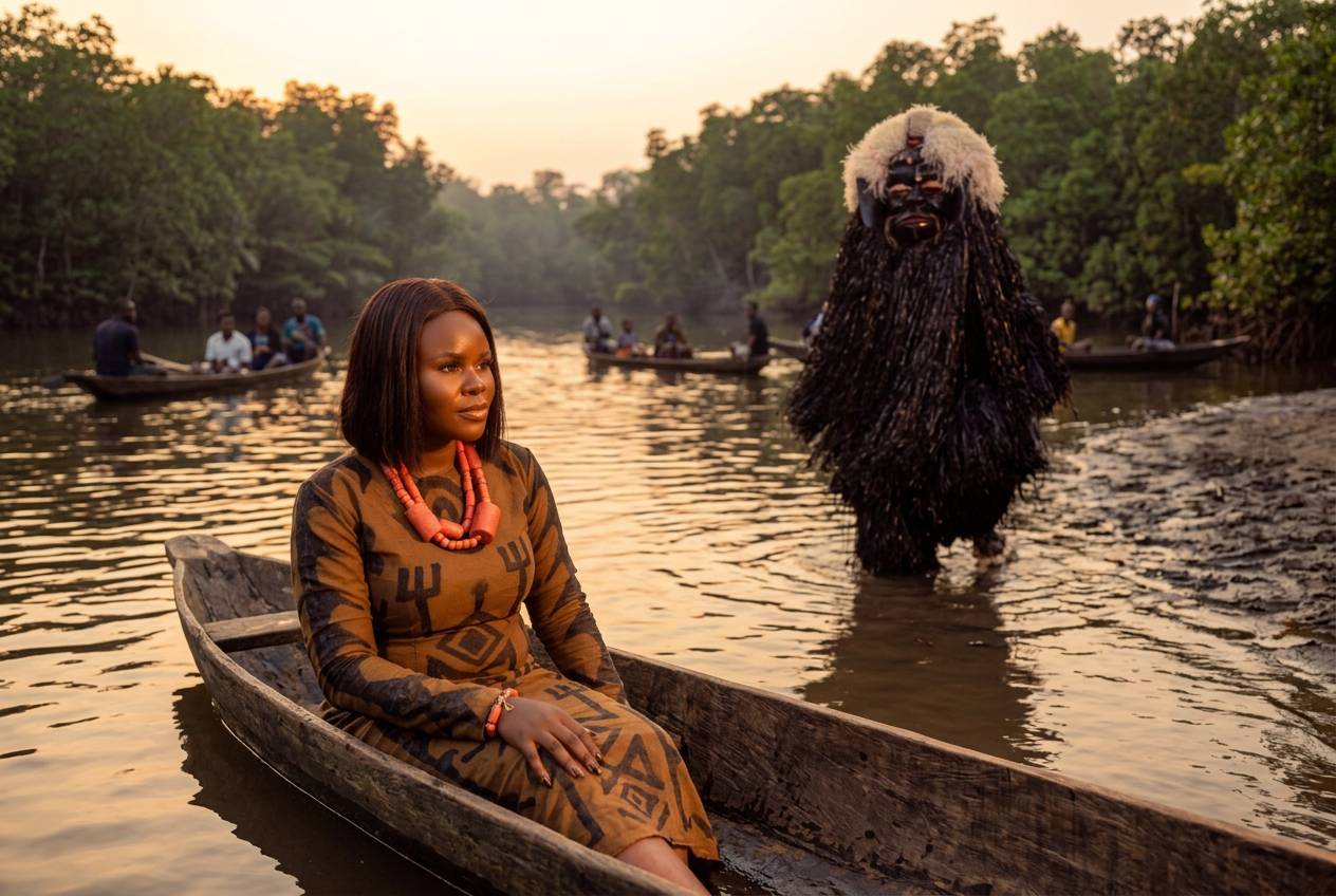 Canoes filled with spectators watching a raffia-clad masquerader on a Niger Delta riverbank at dusk