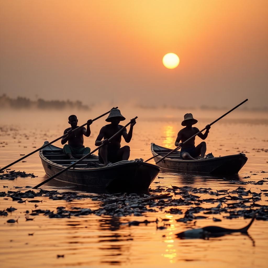 Traditional Ijaw fishermen at sunrise