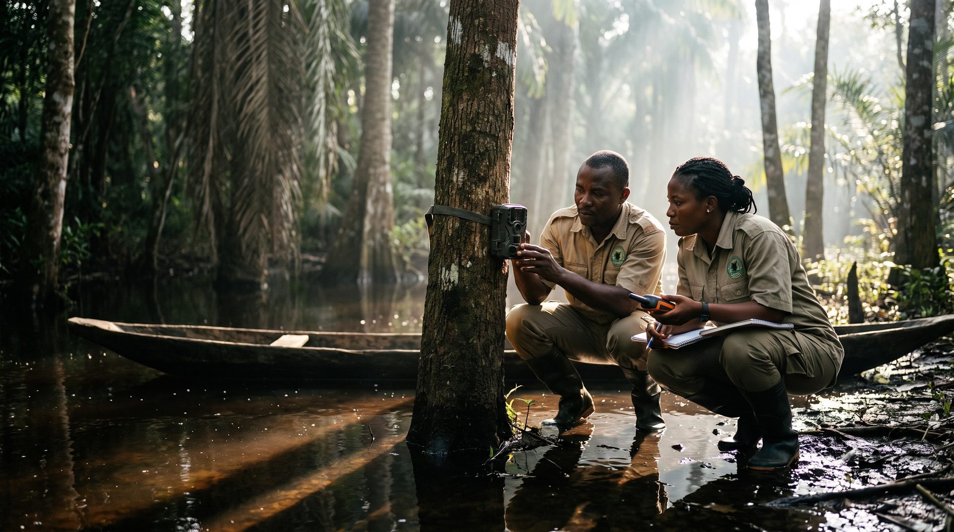 Two Ijaw community rangers checking a camera trap strapped to a tree in flooded forest