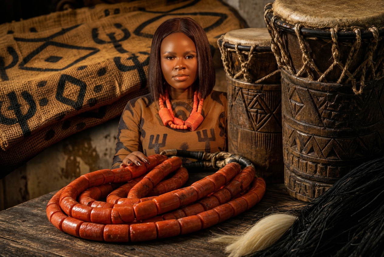 Red cylindrical coral beads (itun) coiled beside carved Ijaw drums