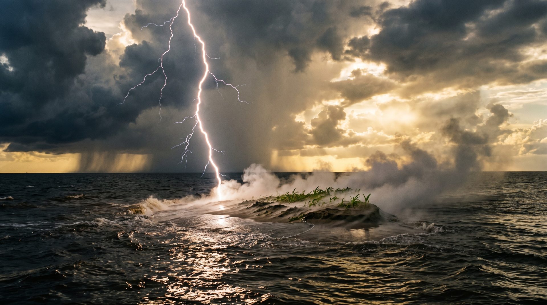 Lightning striking dark water as the first land rises