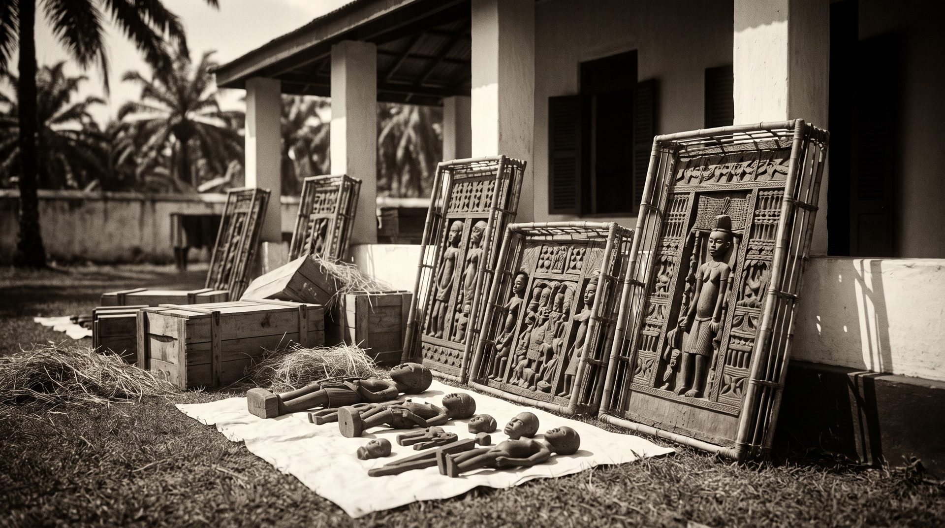 Sepia photograph in period style of several dismantled ancestral screens leaning against a colonial veranda, carved pieces laid on a sheet on the lawn beside packing crates