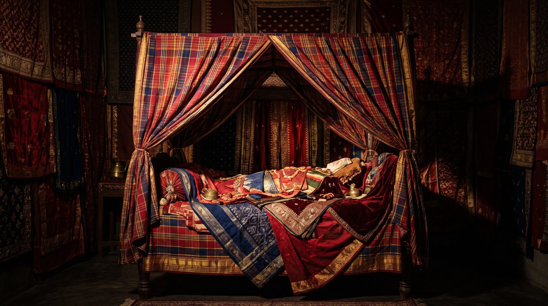 A Kalabari funeral display room hung floor to ceiling with layered heirloom textiles around a cloth-draped ceremonial bed