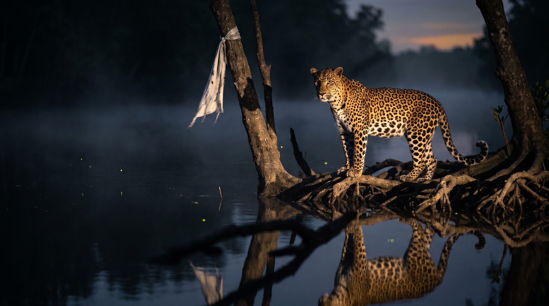 A leopard, the emblem of Egbesu, standing on mangrove roots at dusk