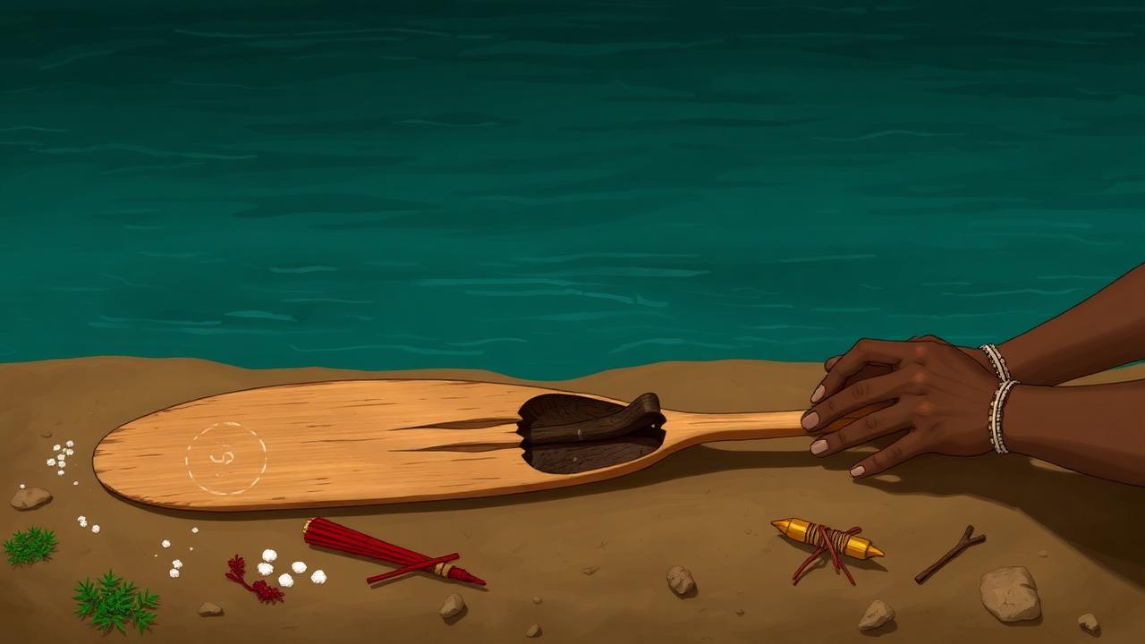 A broken paddle lying on the sacred riverbank