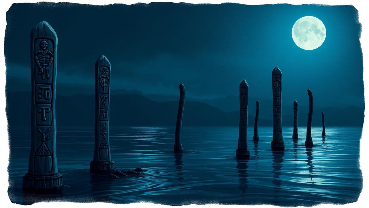Sacred boundary markers in moonlit waters