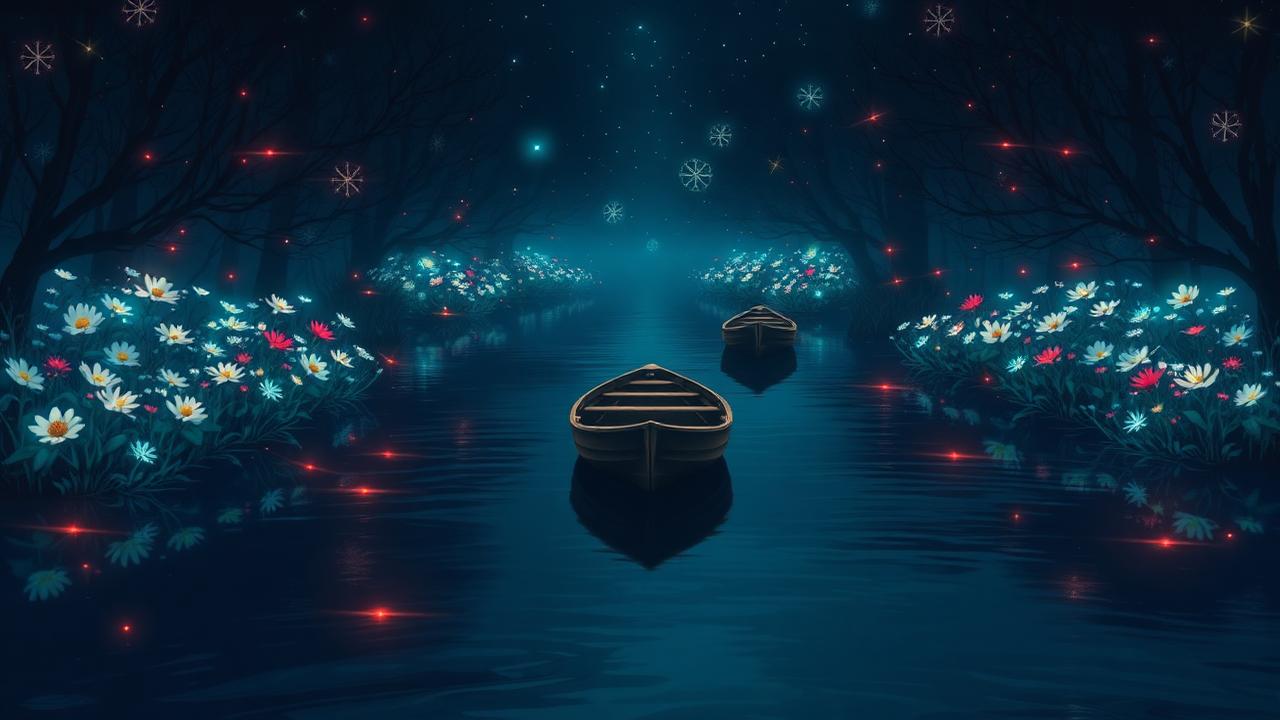 A serene sacred creek with bright colors and calm boats