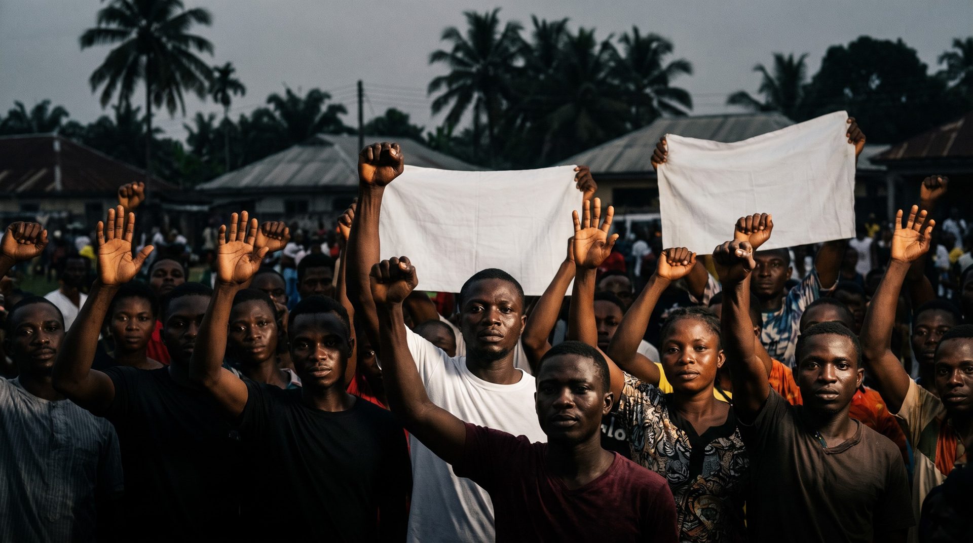 A crowd of young Nigerian men and women in a riverside town square raising fists and open palms, some holding plain white cloth banners
