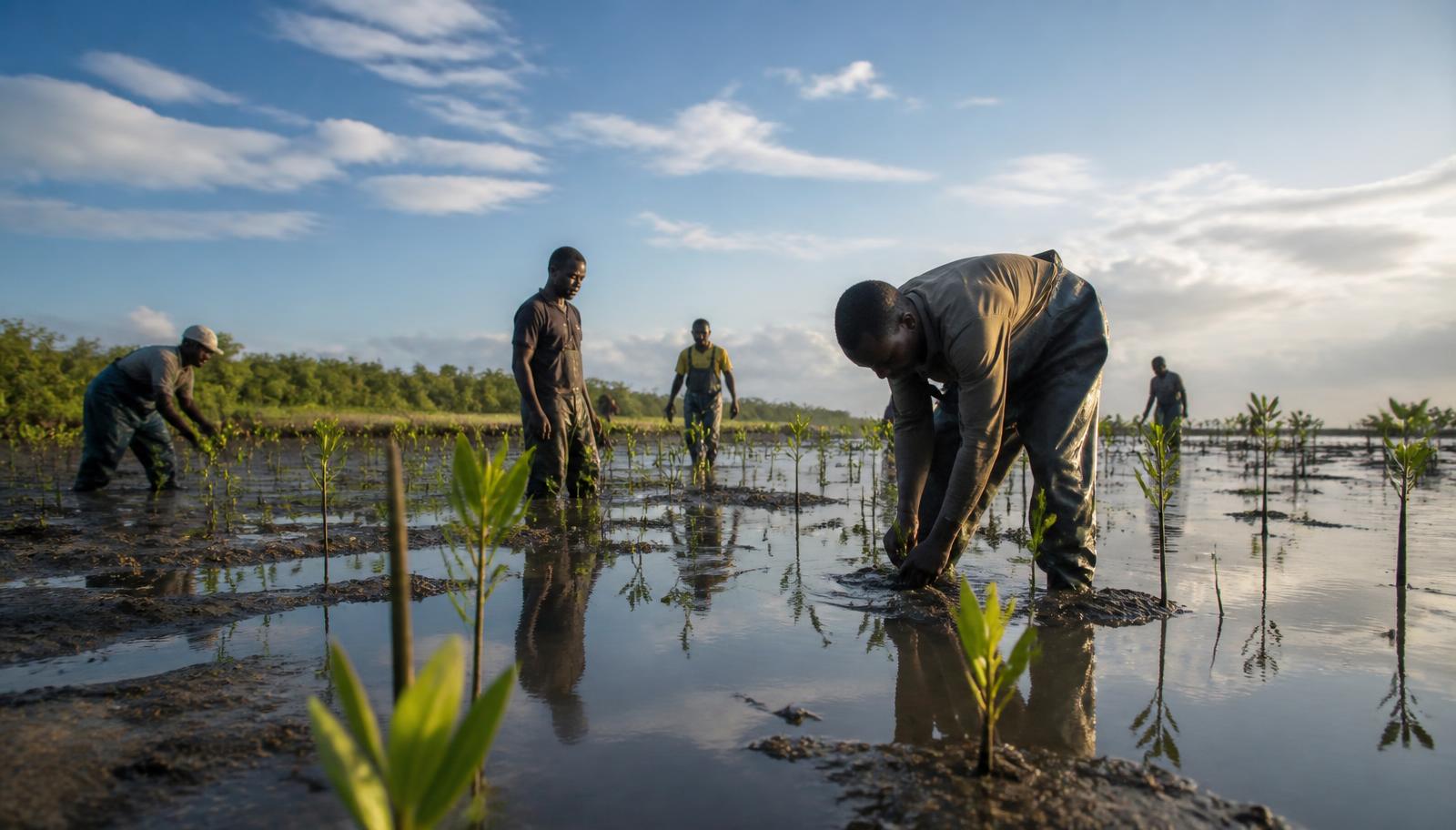 Mangrove nursery work: restoration is labour-intensive, locally employable and measurable — the strongest argument for a funded compact.
