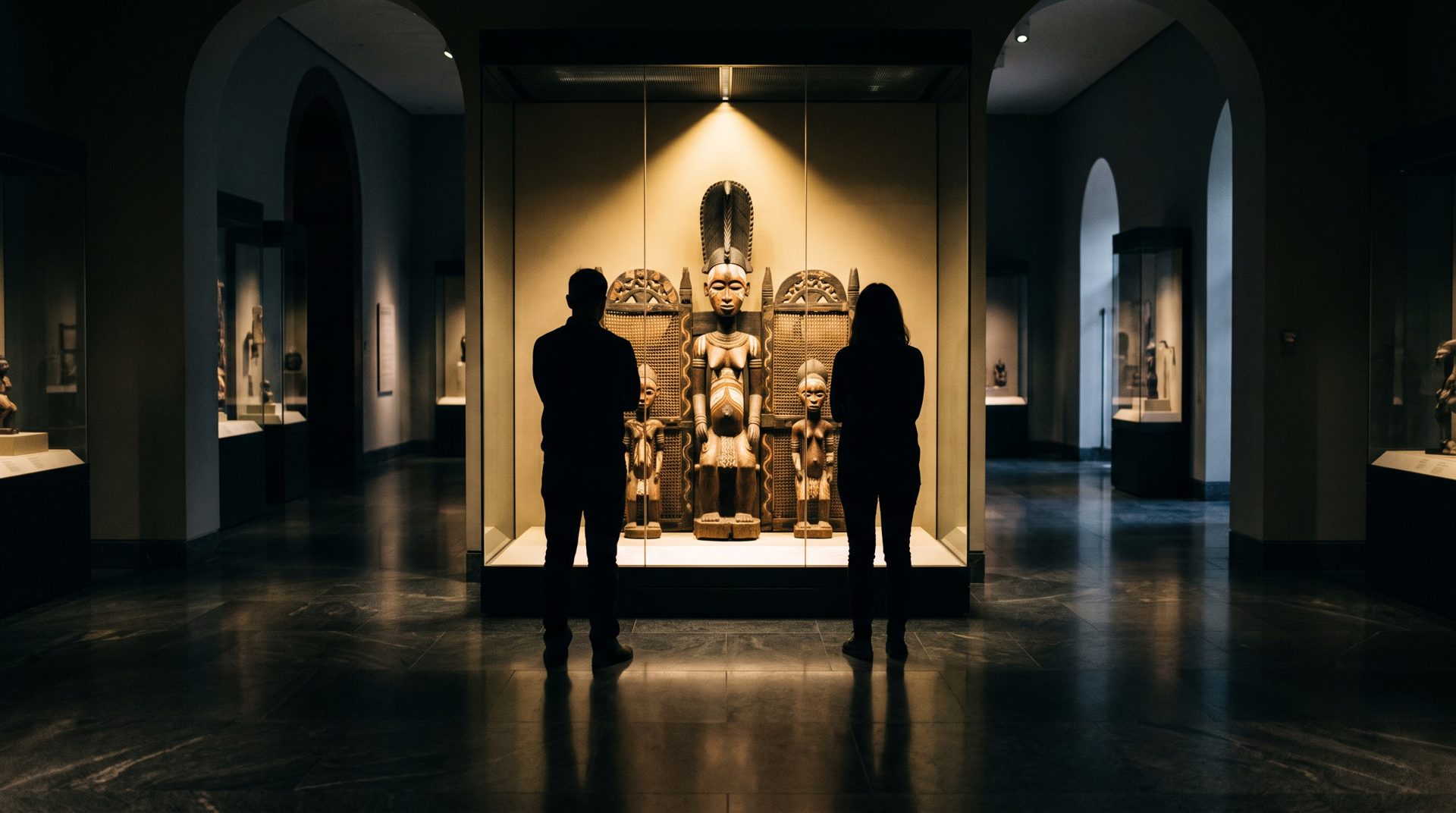 A carved ancestral screen lit inside a tall glass case in a museum gallery, with the silhouettes of two visitors before it