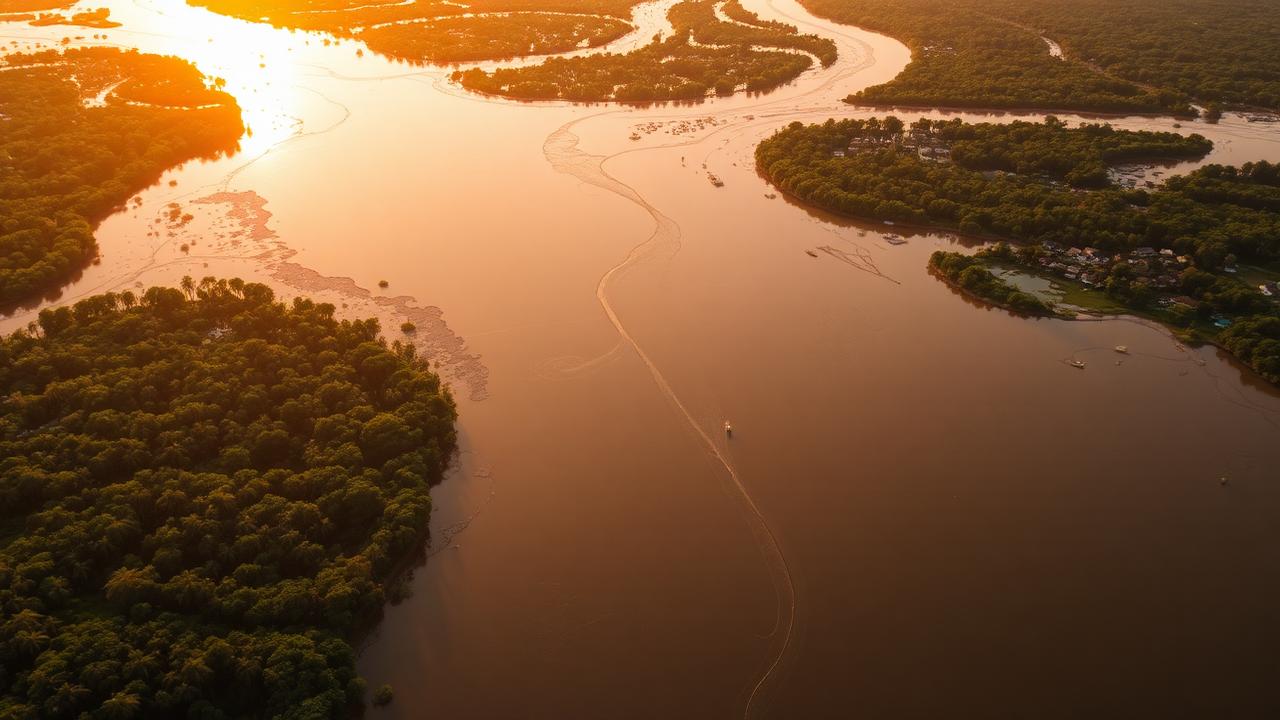 Aerial view of the Niger Delta creeks meeting the open sea