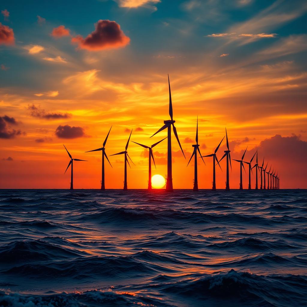 Offshore wind turbines at sunset