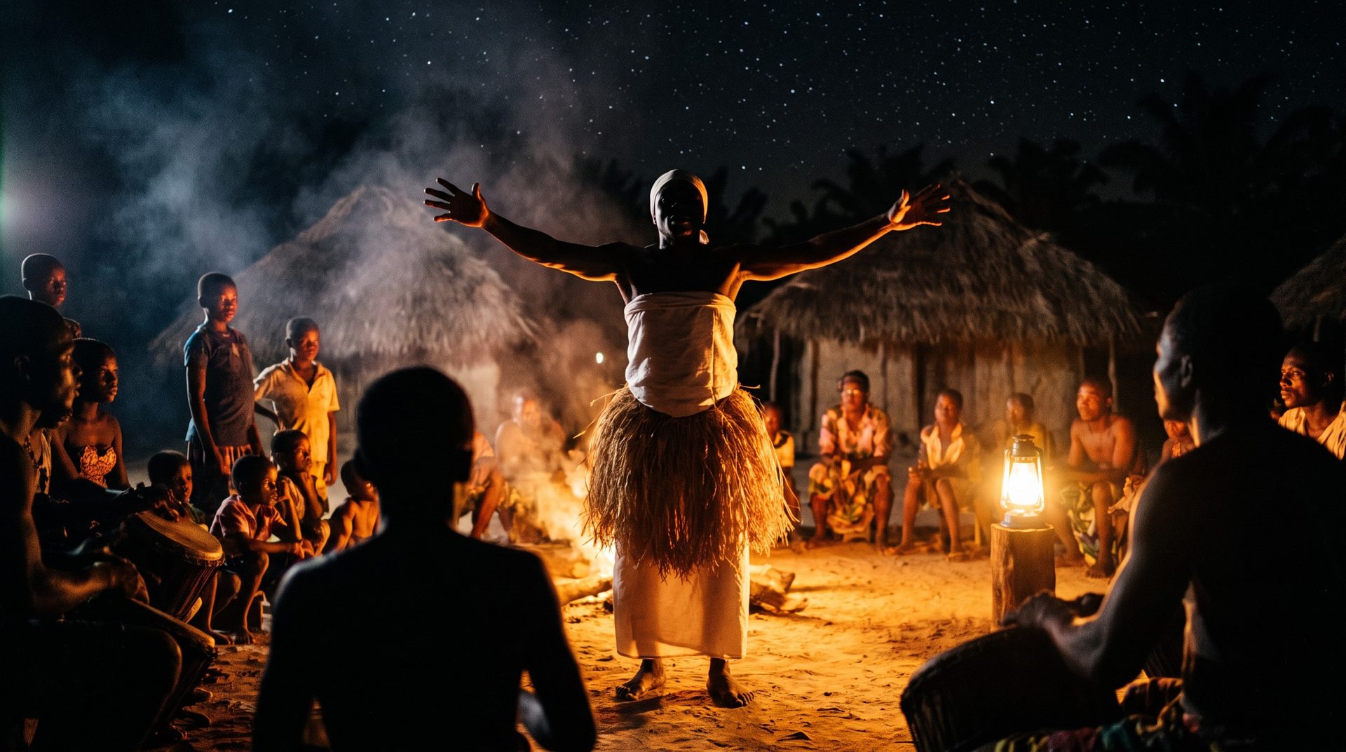 A storyteller performing by firelight before a seated village circle at night