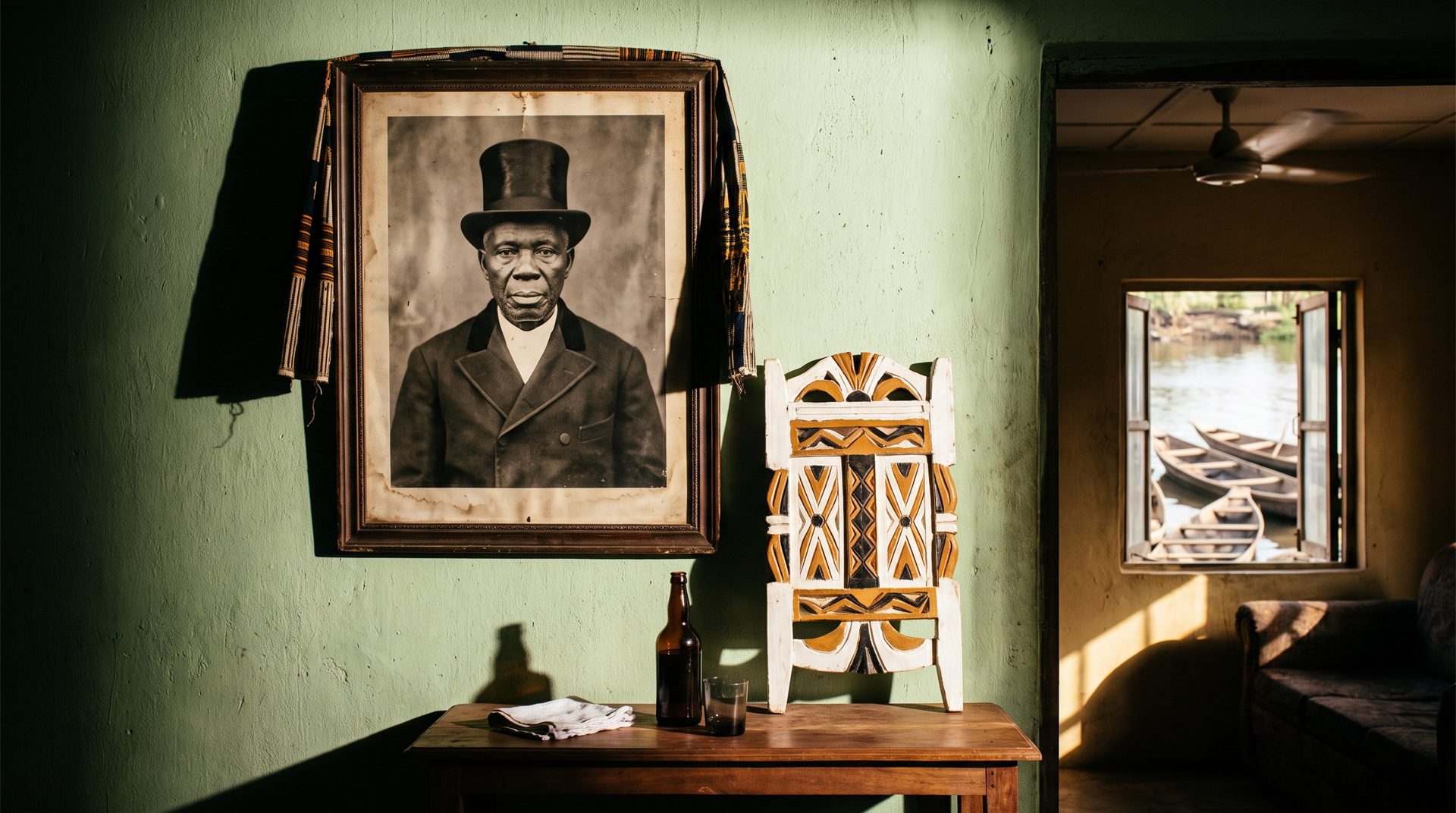 A family parlour in a Niger Delta town with a large framed studio photograph of an elderly man in a top hat beside a small repainted ancestral screen, a window open onto the creek