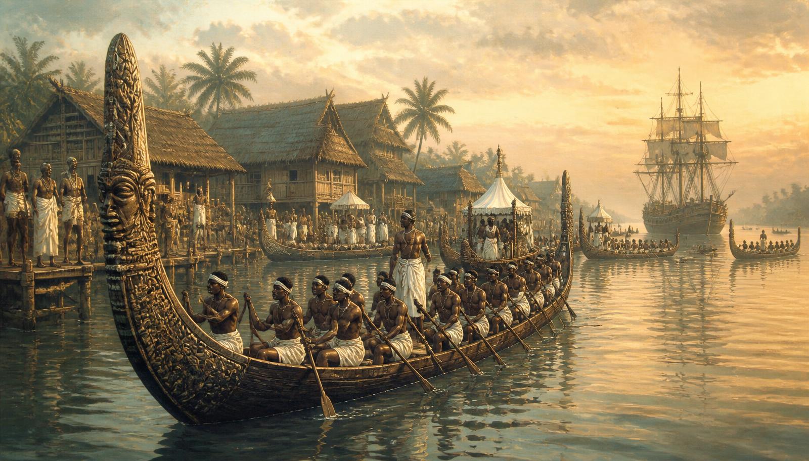 Ijaw war canoes and riverside trading houses — the sovereign maritime republics of the Delta before enclosure.