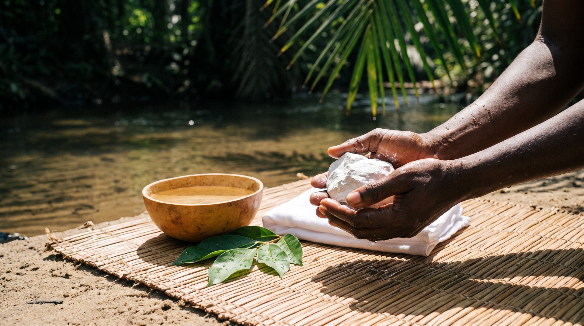 Hands cupping a lump of white kaolin chalk beside a folded white cloth, a calabash of clear water and fresh leaves on a raffia mat by a creek