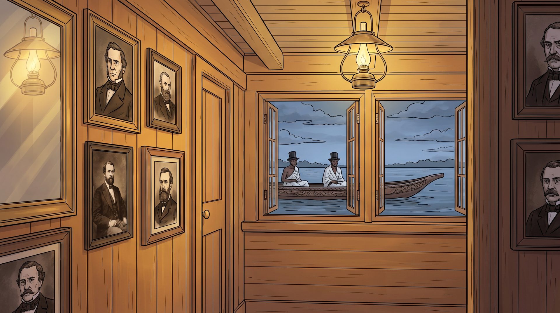 Illustration of a nineteenth-century ship's cabin hung with framed portraits, with two Kalabari traders in a canoe looking in through the stern windows