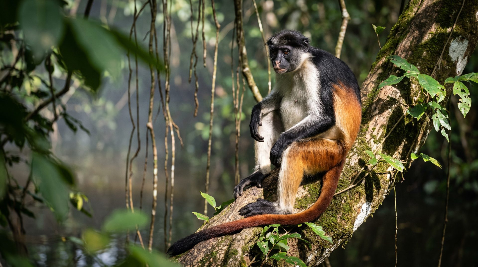 A Niger Delta red colobus monkey seated on a lichen-covered branch in swamp forest canopy