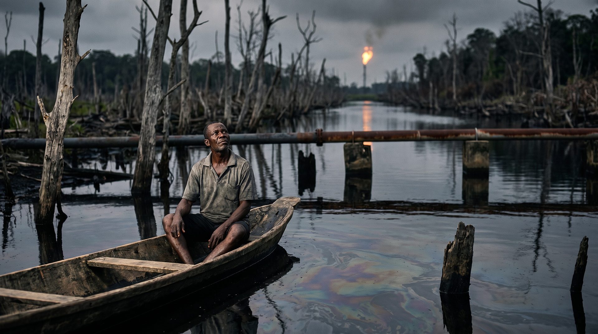 A fisherman in a dugout canoe among dead trees beside a dredged canal, with a pipeline and gas flare behind
