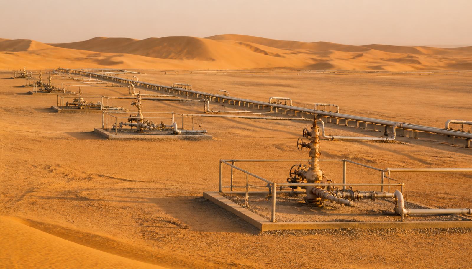 Wellheads and gathering lines across empty desert. Nobody fishes here, nobody farms here, and nobody's drinking water runs beneath the flowline.