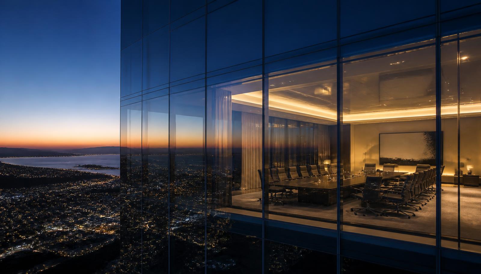 A glass financial tower at blue hour with a lit boardroom, overlooking a coastline