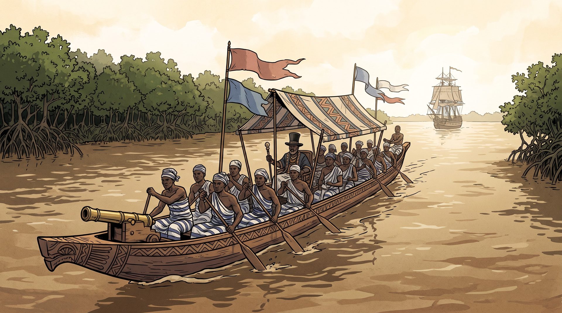 Illustration of a long Kalabari war canoe crowded with paddlers, a cannon at the bow and a chief in a top hat under an awning, on a mangrove river with a European ship anchored in the distance